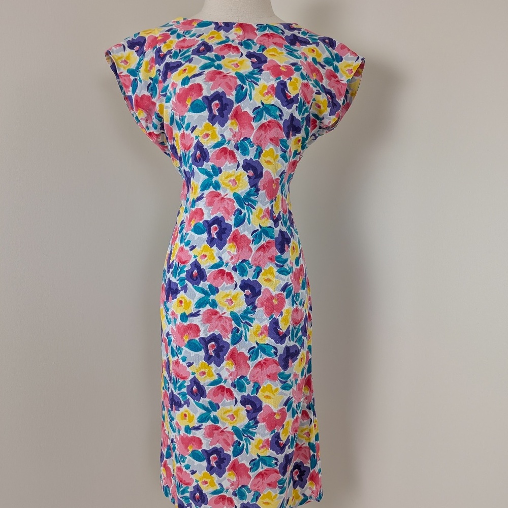 Vintage Floral Mini Dress Open Back Short Sleeve Dollman Fitted Tight Pencil - Picture 3 of 11